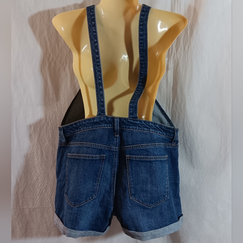 Old Navy Womens Medium Blue Jean Shortall Denim Shorts Bib Overall Cuffed - Picture 9 of 14